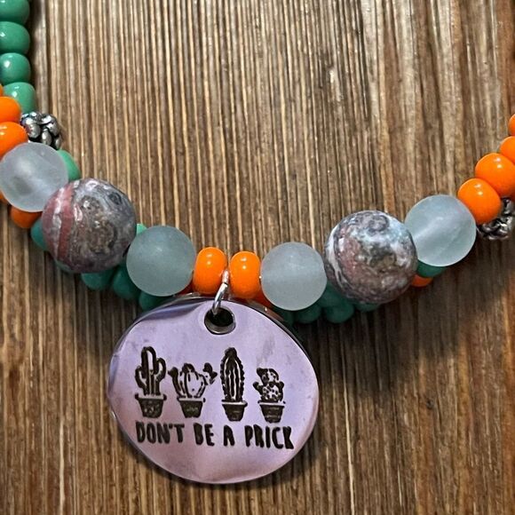 Handmade green beaded wrap bracelet with charm, Don't be a prick bracelet - Picture 3 of 6